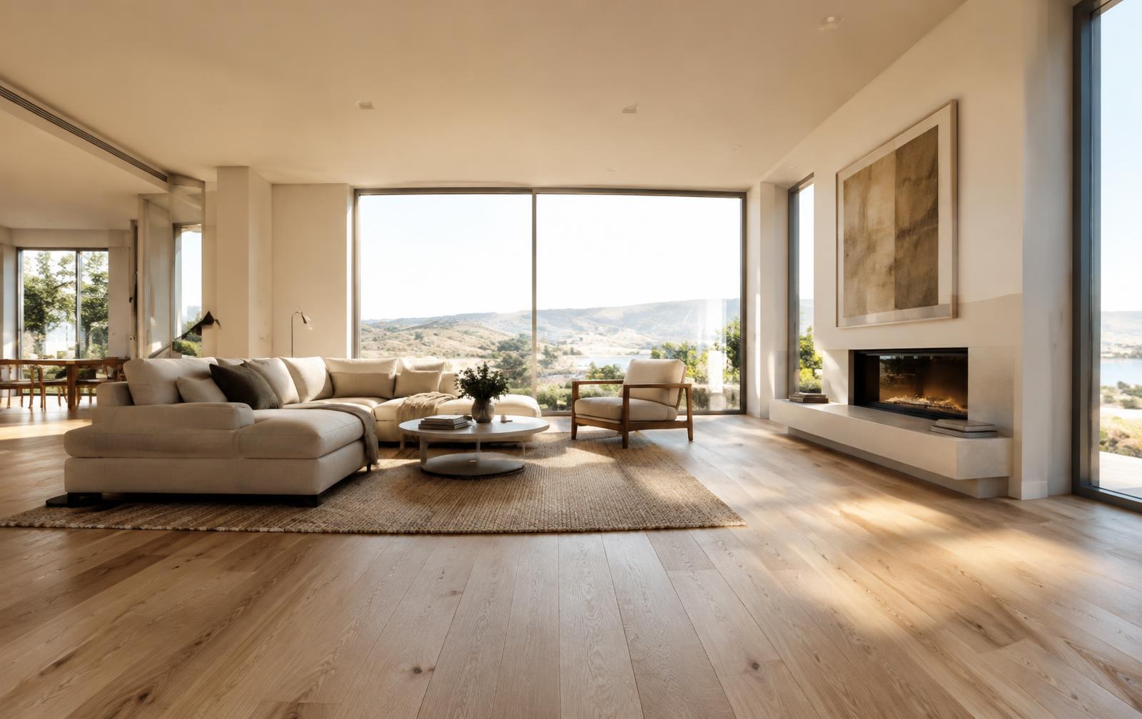 Living room with white oak hardwood floors